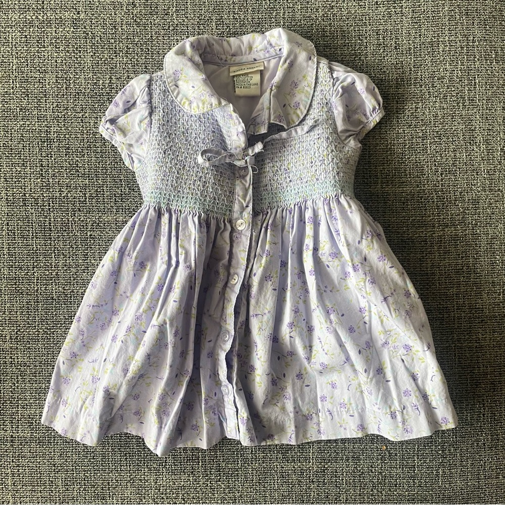 Vintage Laura Ashley Baby Dress Purple Floral Collared Short Sleeve 3-6 Months